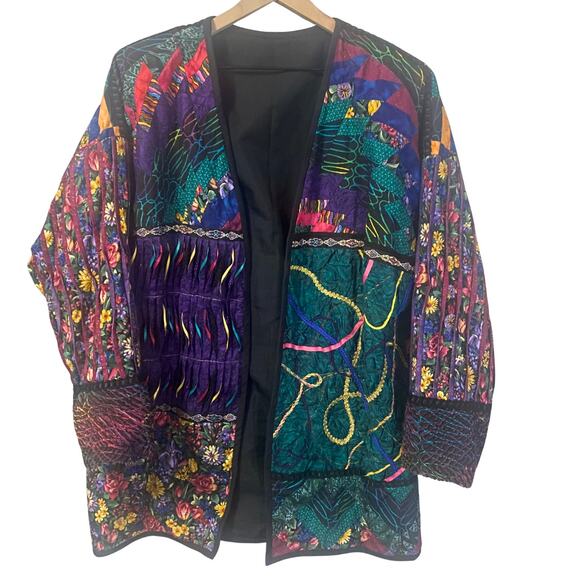 Patchwork Quilted Art To Wear Open Front Jacket Colorful Maximalist 90s SZ XL** - Picture 2 of 15
